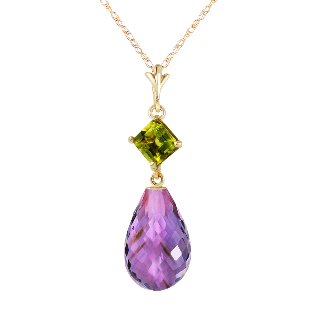 14K. SOLID GOLD NECKLACE WITH PERIDOT & AMETHYST (Yellow Gold)